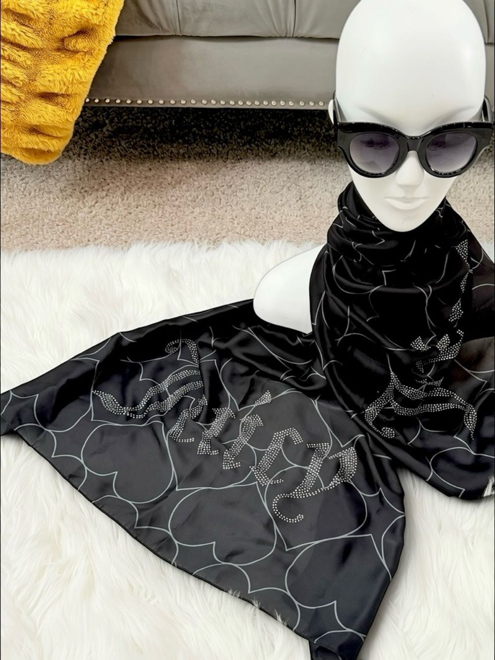 Juicy Couture Rhinestone Logo Heart Scarf Black Silver 35x70 NWT